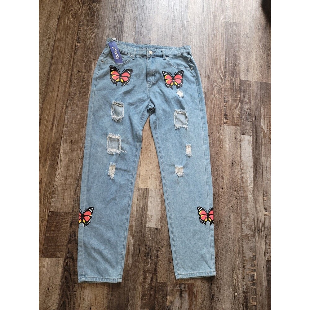 NWT Romwe Straight Leg Butterfly Distressed Jeans Womens Size 32 Medium Wash